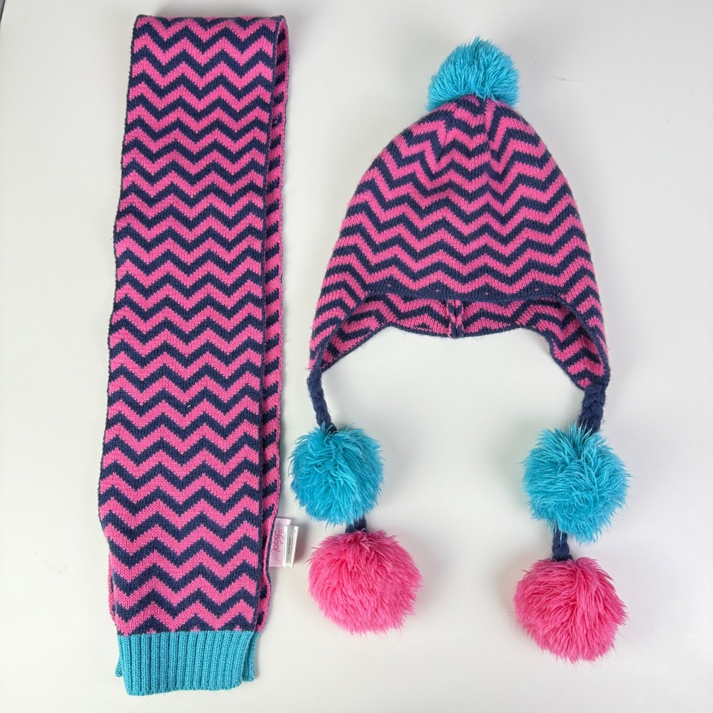 Toby Kids Girls Chevron Hat Scarf Set‎ Pink Navy Blue Pom Poms